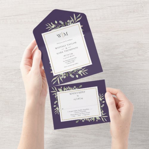 Monogram Greenery Foliage Purple Wedding All In One Invitation