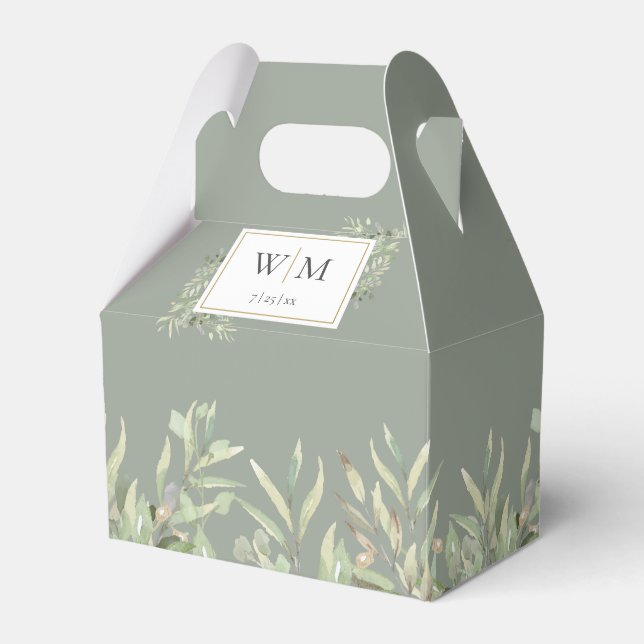 Monogram Greenery Foliage Sage Green Wedding Favor Boxes (Front Side)