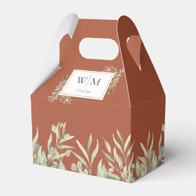 Monogram Greenery Foliage Terracotta Wedding Favor Boxes (Front Side)