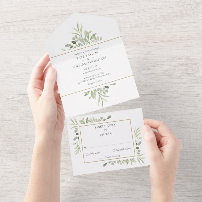 Monogram Greenery Gold Geometric Wedding All In One Invitation (Tearaway)