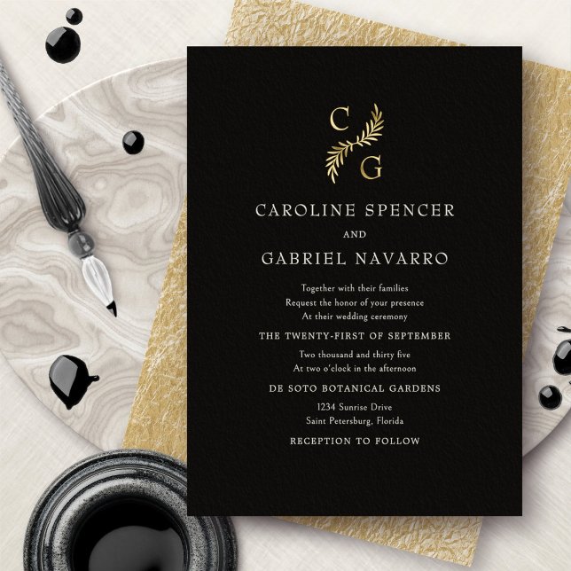 Monogram Greenery Laurel Wedding Foil Invitation (Creator Uploaded)