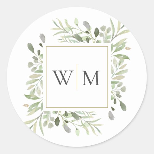 Monogram Greenery Modern Gold Wedding Classic Round Sticker