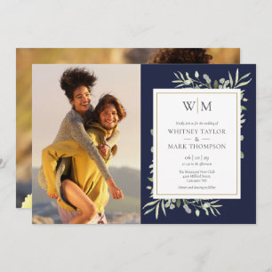 Monogram Greenery Navy Blue Photo Wedding Invitation