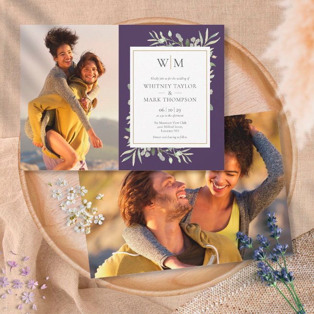 Monogram Greenery Purple Photo Wedding Invitation (Creator Uploaded)