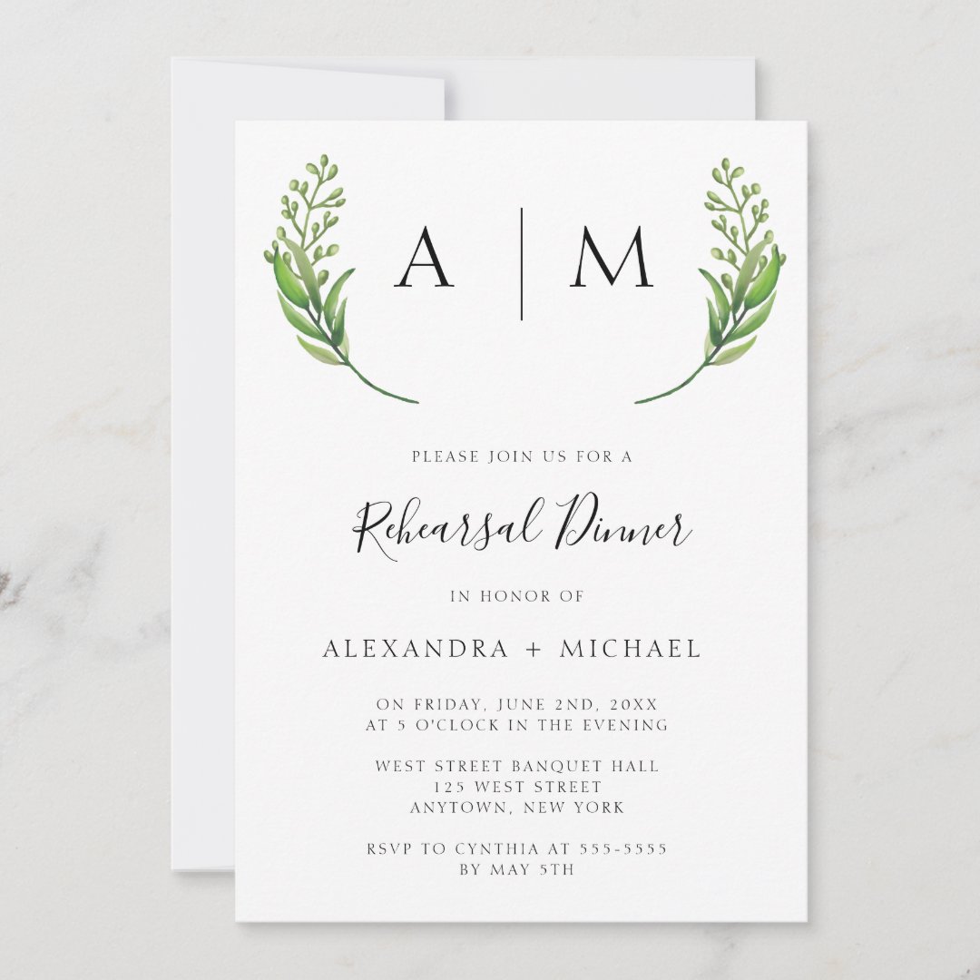 Monogram Greenery Rehearsal Dinner Invitations Zazzle