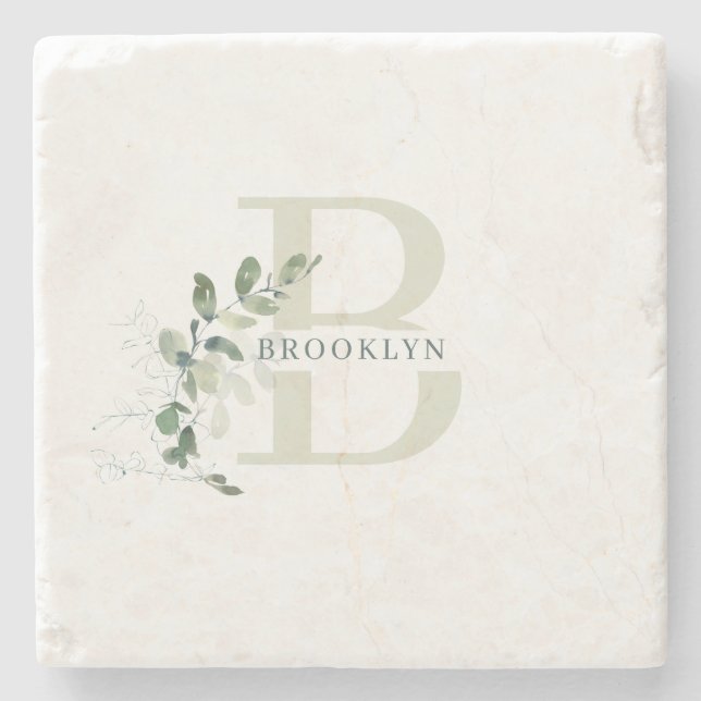 Monogram Greenery Stone Coaster (Front)