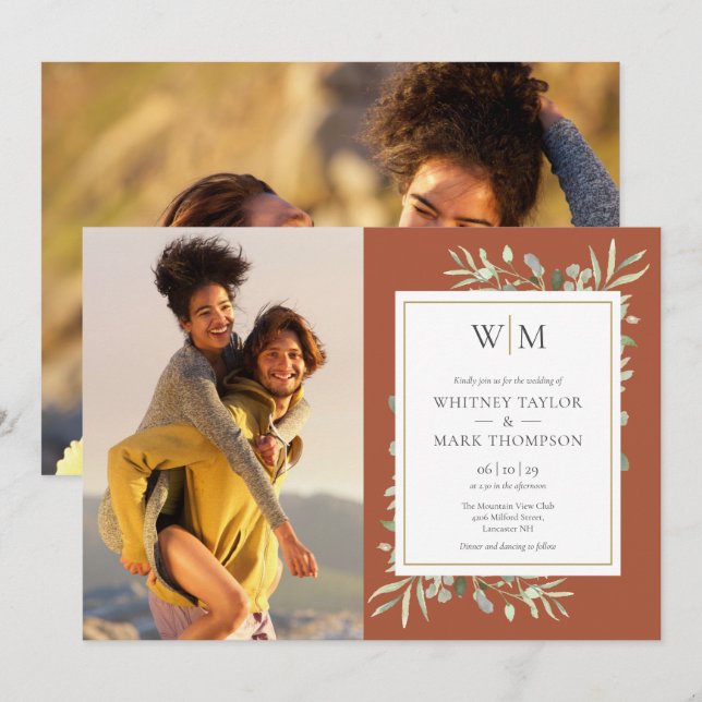 Monogram Greenery Terracotta Photo Wedding Invitation (Front/Back)