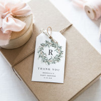 Monogram Greenery Wreath Baby Shower Thank You Gift Tags