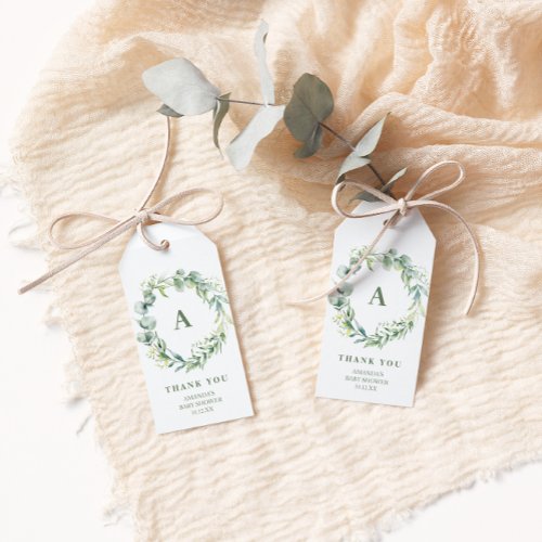 Monogram Greenery Wreath Baby Shower Thank You Gift Tags