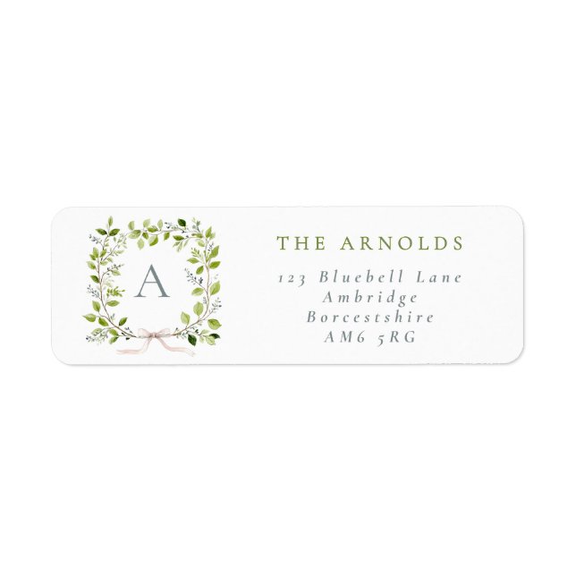 Monogram Greenery Wreath & Bow Return Address Label (Front)