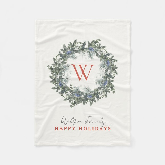 Monogram Greenery Wreath Christmas Holiday Fleece Blanket (Front)