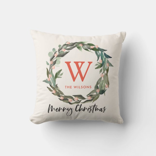 Monogram Greenery Wreath Christmas Holiday Throw Pillow (Front)