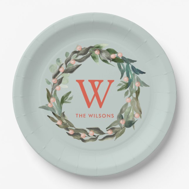 Monogram Greenery Wreath Holiday Green Paper Plate (Front)