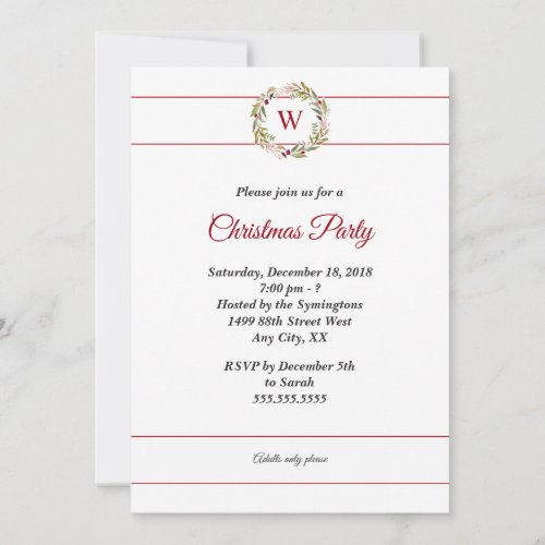 Monogram greenery wreath holiday party invite