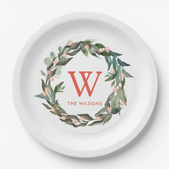 Monogram Greenery Wreath Holiday White Paper Plates (Front)