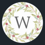 Monogram Greenery Wreath Red Berries Christmas Classic Round Sticker<br><div class="desc">Monogrammed winter greenery leaves berries wreath Christmas sticker. Simply customize the Christmas sticker with your monogram initial. If you need any help or matching products please contact us through our store.</div>