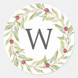 Monogram Greenery Wreath Red Berries Christmas Classic Round Sticker