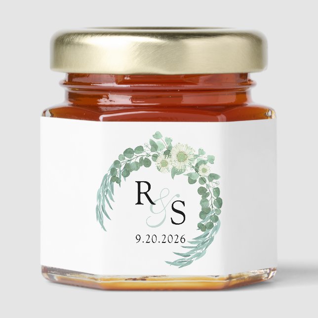 Monogram Greenery Wreath Wedding Honey Favor Jar Favors (Front)