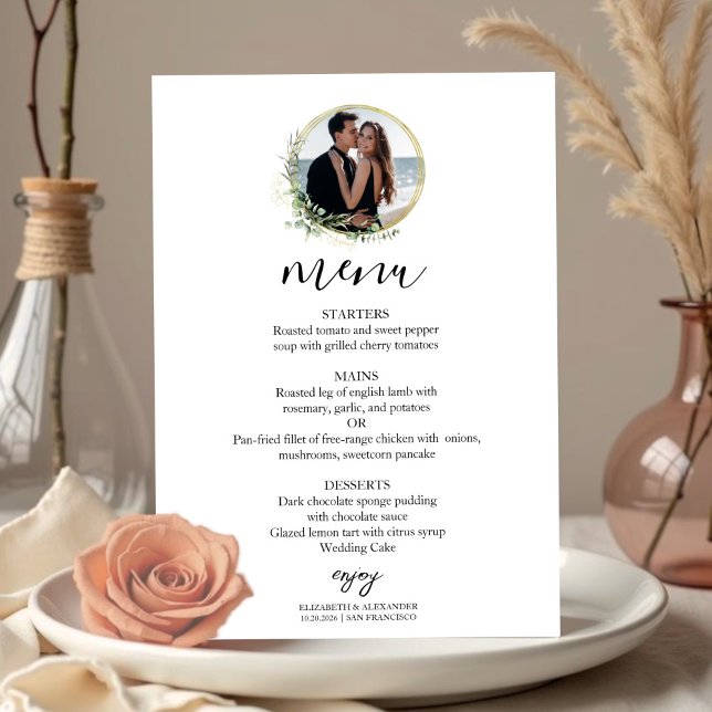 Monogram Greenery Wreaths Eucalyptus Wedding Menu Invitation (Creator Uploaded)
