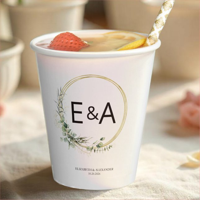 Monogram Greenery Wreaths Eucalyptus Wedding  Paper Cups (Creator Uploaded)