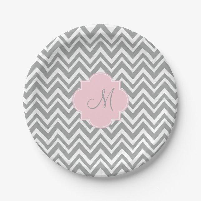 Monogram Grey and White Chevron with Pastel Pink Paper Plates (Front)