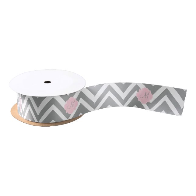 Monogram Grey and White Chevron with Pastel Pink Satin Ribbon (Spool)