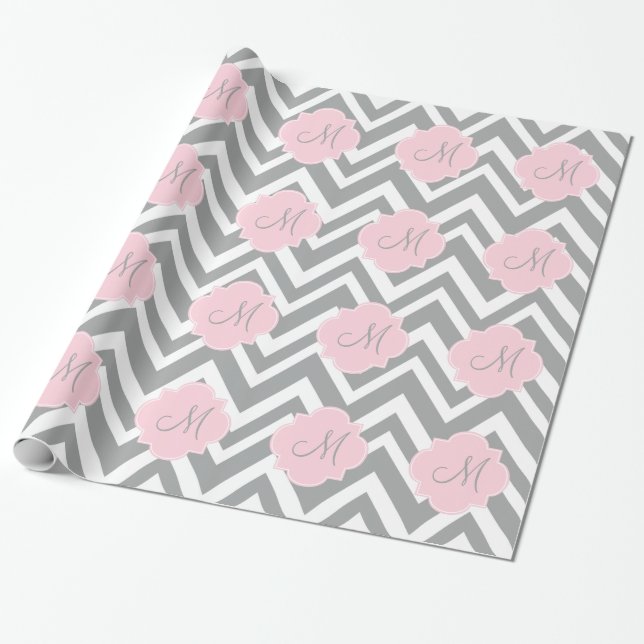 Monogram Grey and White Chevron with Pastel Pink Wrapping Paper (Unrolled)