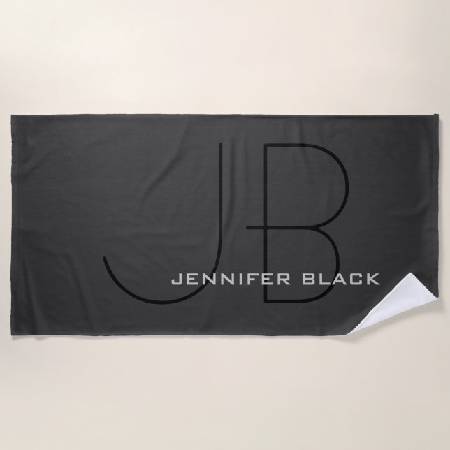 Monogram Grey Black Modern Initial Letters Name Beach Towel (Front)