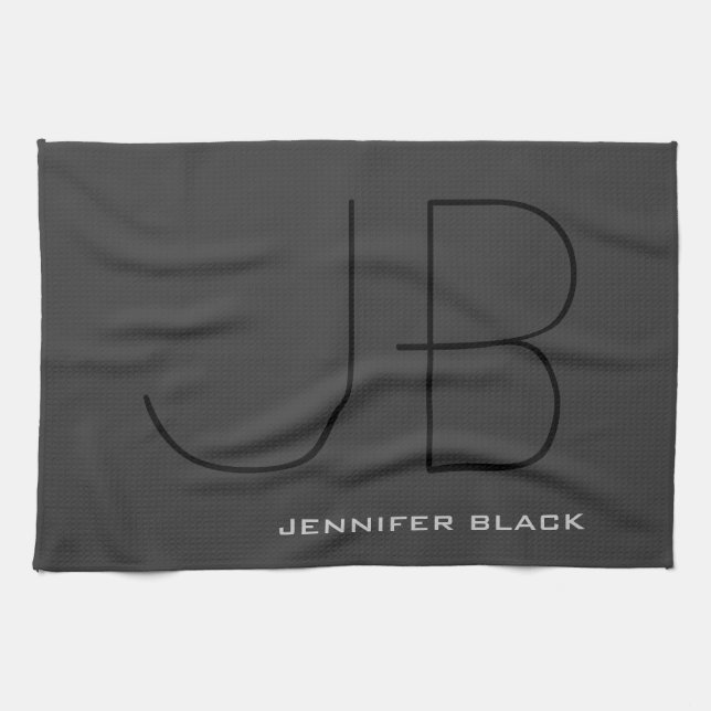 Monogram Grey Black Modern Initial Letters Name Kitchen Towel (Horizontal)