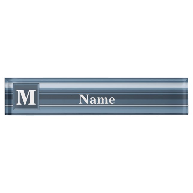 Monogram grey-blue stripes desk name plate (Front)