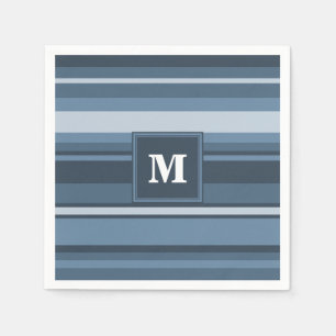 Monogram grey-blue stripes paper napkins