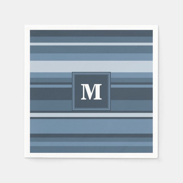 Monogram grey-blue stripes paper napkins (Front)