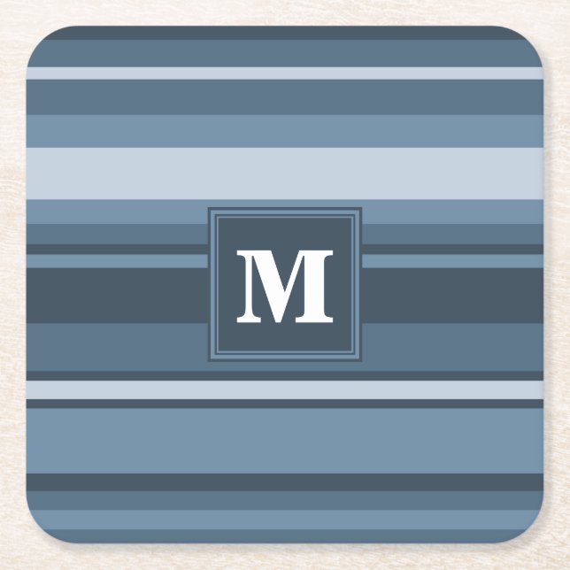 Monogram grey-blue stripes square paper coaster (Front)