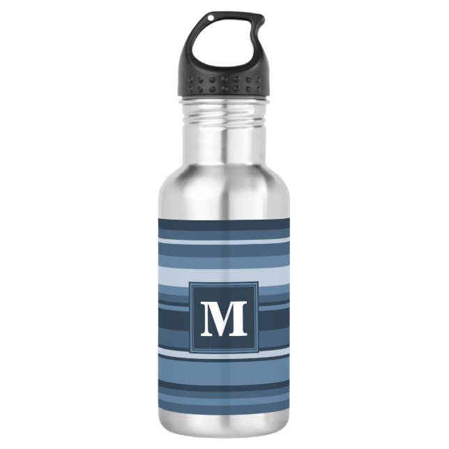 Monogram grey-blue stripes stainless steel water bottle (Front)