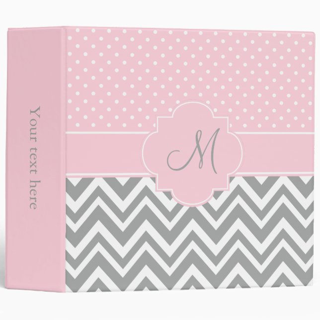 Monogram Grey Chevron with Pastel Pink Polka Dot Binder (Front/Spine)