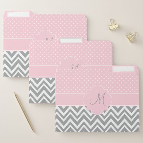 Monogram Grey Chevron with Pastel Pink Polka Dot File Folder