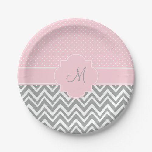 Monogram Grey Chevron with Pastel Pink Polka Dot Paper Plates