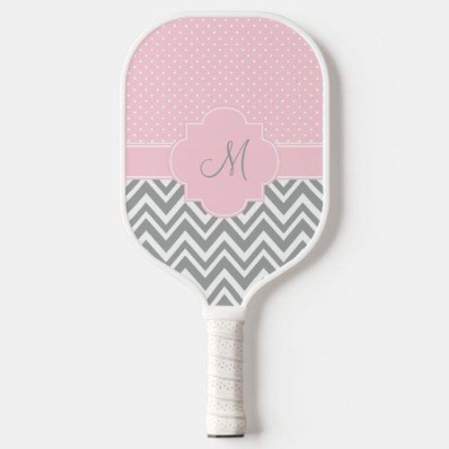 Monogram Grey Chevron with Pastel Pink Polka Dot Pickleball Paddle