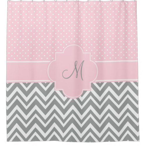 Monogram Grey Chevron with Pastel Pink Polka Dot Shower Curtain