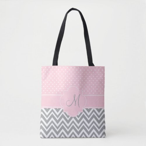 Monogram Grey Chevron with Pastel Pink Polka Dot Tote Bag