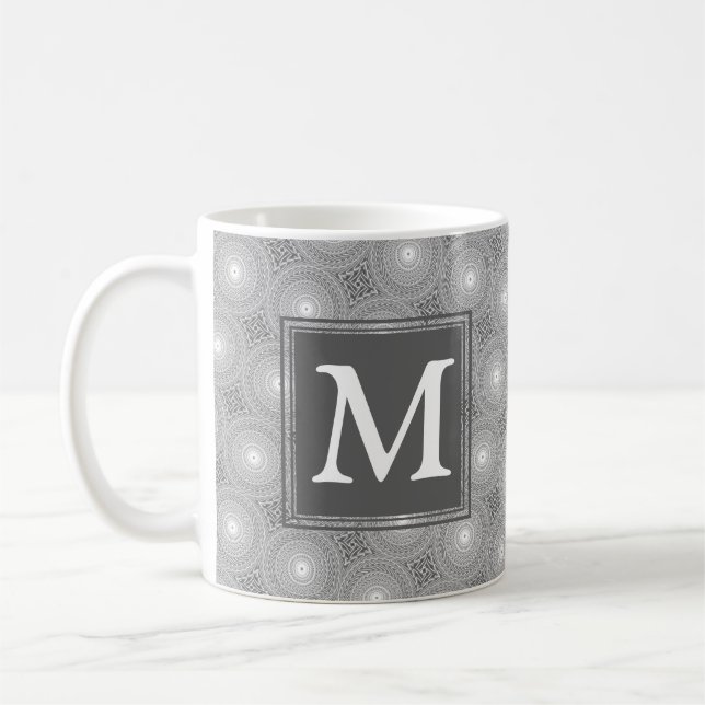 Monogram grey circles pattern coffee mug (Left)