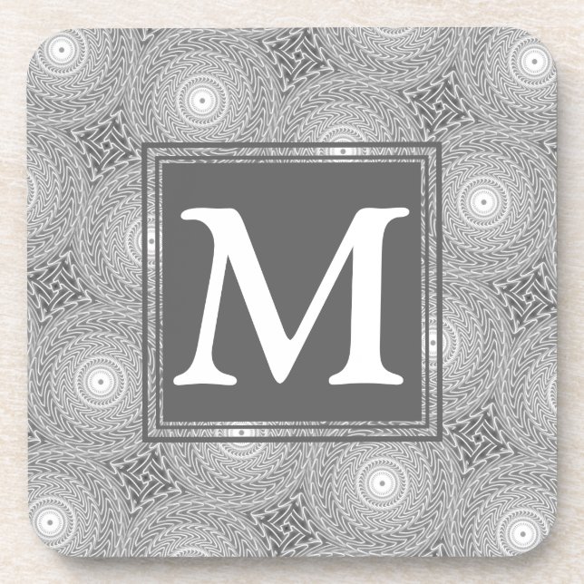 Monogram grey circles pattern drink coaster (Front)