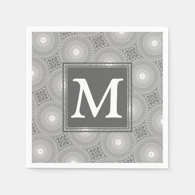Monogram grey circles pattern paper napkins (Front)