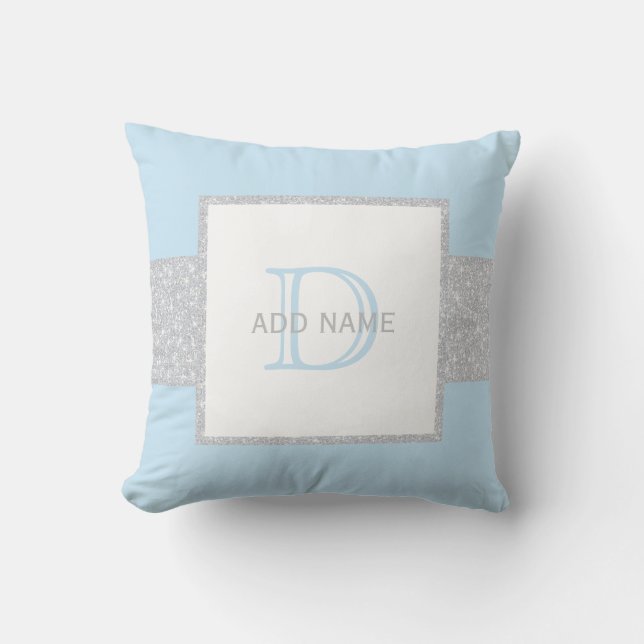 Monogram Grey Faux Glitter Blue Baby Boy Pillow (Front)