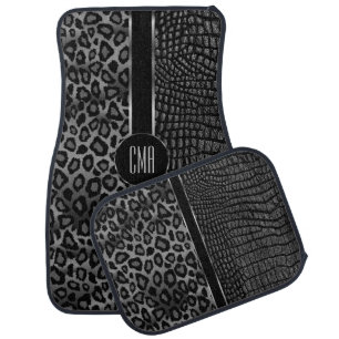Monogram Grey Leopard / Black Leather Design Car Floor Mat
