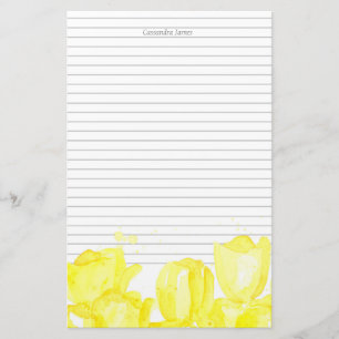 Monogram Grey Lined Yellow Tulip Flowers Stationery