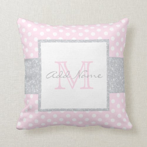 Monogram Grey Pink Polka Dot Baby Girl Pillow