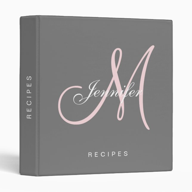 Monogram Grey Pink Script Elegant Name Recipe 3 Ring Binder (Front/Spine)