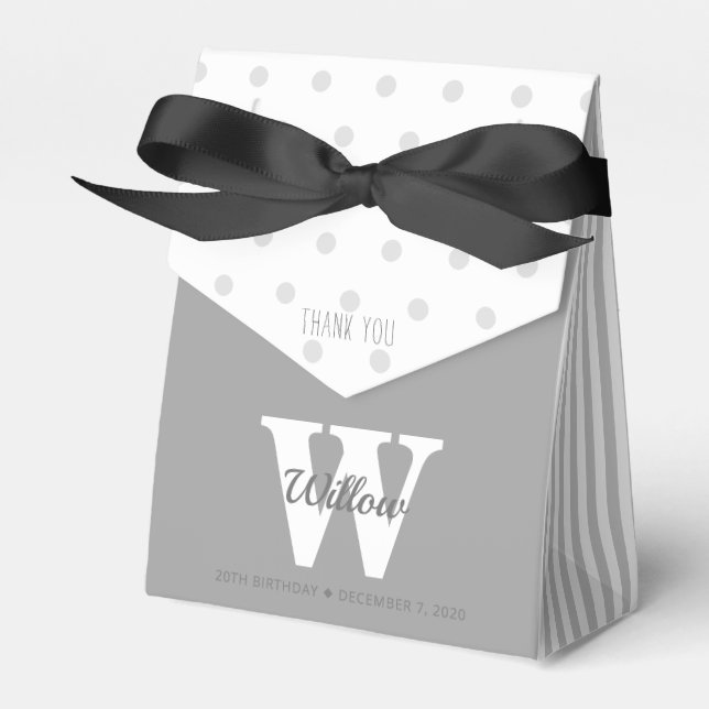 Monogram Grey Polka Dots Stripes Favor Box (Front Side)