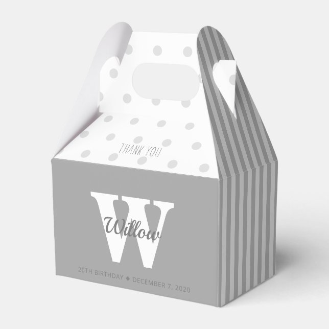 Monogram Grey Polka Dots Stripes Gable Favor Box (Front Side)